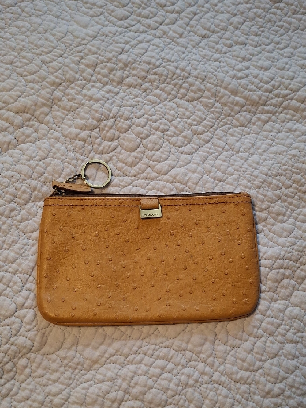 Liz Claiborne Tan Ostrich-Embossed Wristlet with Key Ring